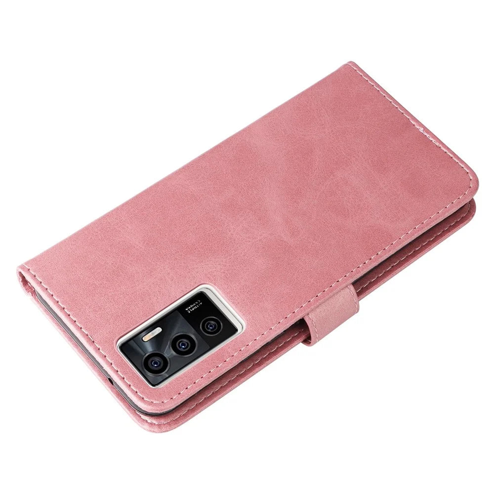 For vivo Y75 4G / vivo V23e 5G / 4G Magnetic Clasp Textured Leather Case Wallet Stand Zipper Pocket Phone Cover - Rose Gold - 6