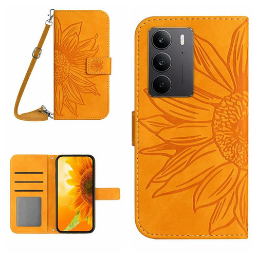 For Realme C75 4G Case Sunflower Imprint PU Leather Phone Cover with Long Strap - Yellow - 1