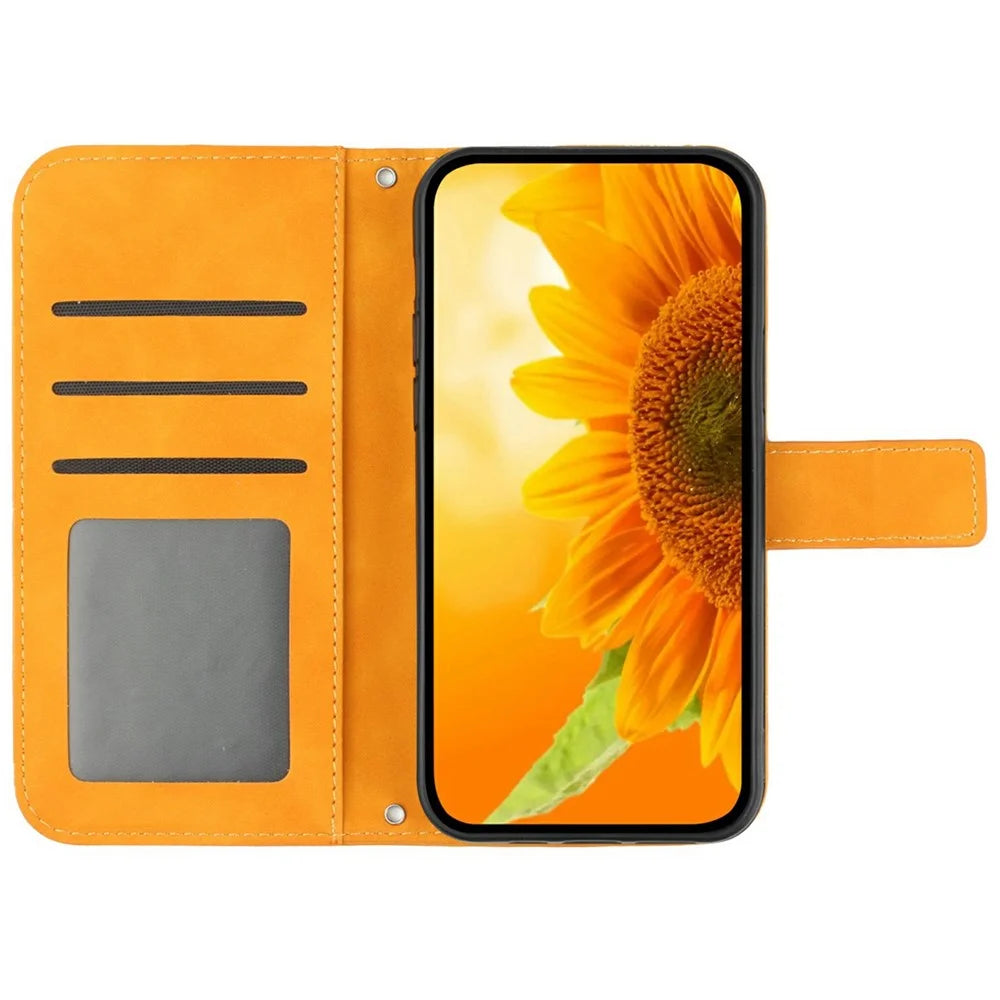 For Realme C75 4G Case Sunflower Imprint PU Leather Phone Cover with Long Strap - Yellow - 2