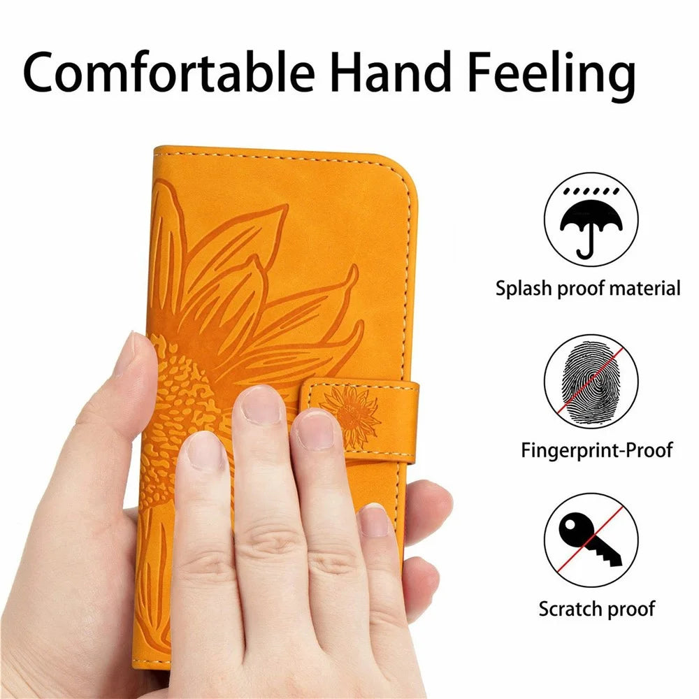 For Realme C75 4G Case Sunflower Imprint PU Leather Phone Cover with Long Strap - Yellow - 5
