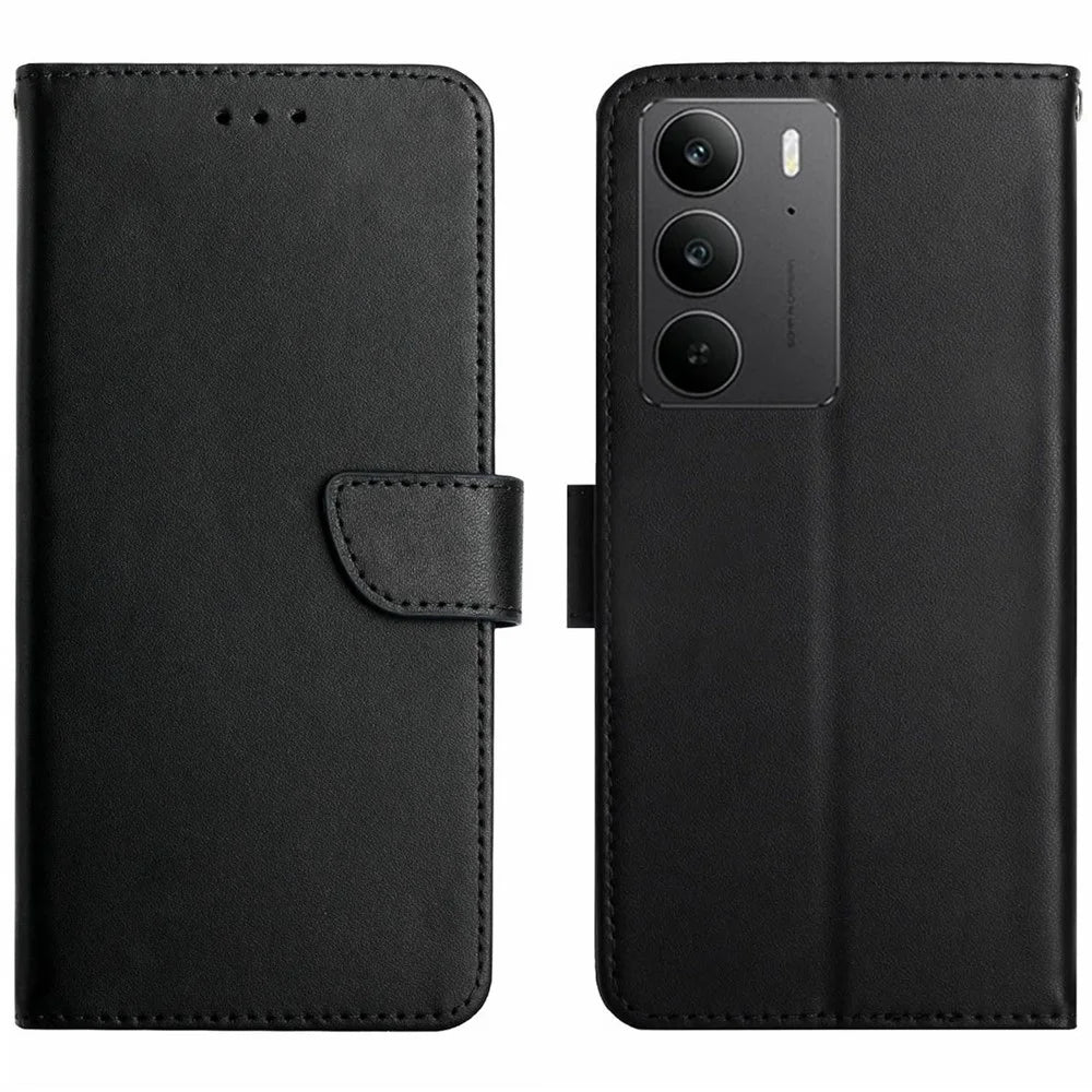 For Realme C75 4G Case Genuine Cow Leather Phone Cover Nappa Texture - Black - 1