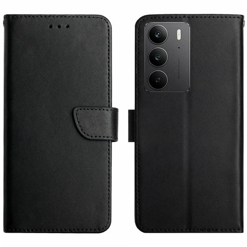 For Realme C75 4G Case Genuine Cow Leather Phone Cover Nappa Texture - Black - 1