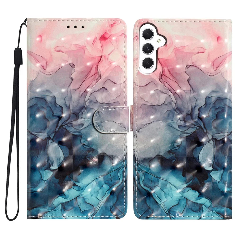 For Samsung Galaxy A56 5G Case PU Leather Wallet Phone Cover 3D Pattern Printing - Pink Blue Marble - 1