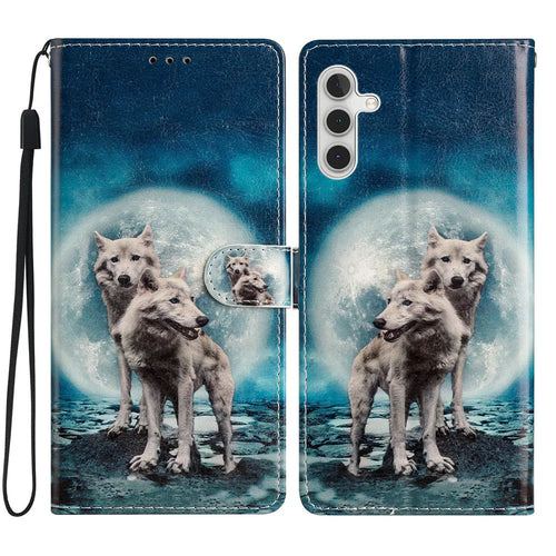 For Samsung Galaxy A56 5G Wallet Case PU Leather Pattern Printing Stand Phone Cover with Strap - Two Wolves - 1