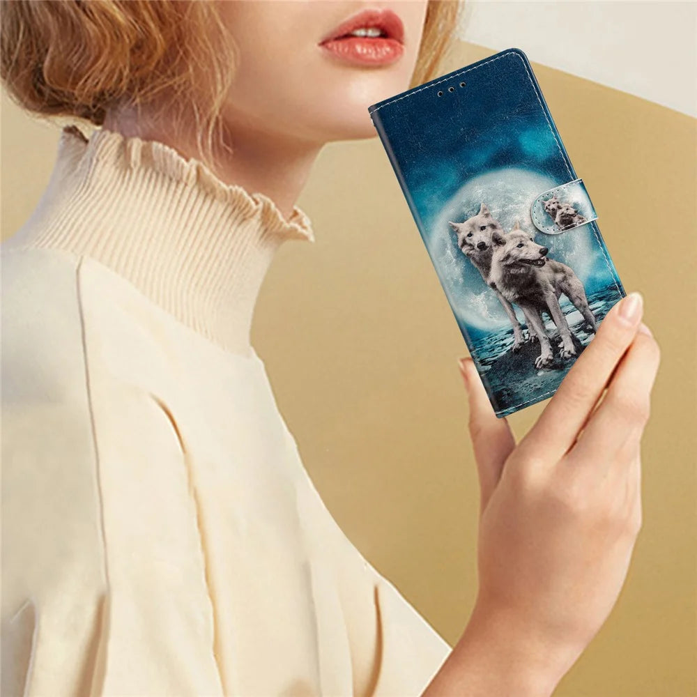 For Samsung Galaxy A56 5G Wallet Case PU Leather Pattern Printing Stand Phone Cover with Strap - Two Wolves - 6