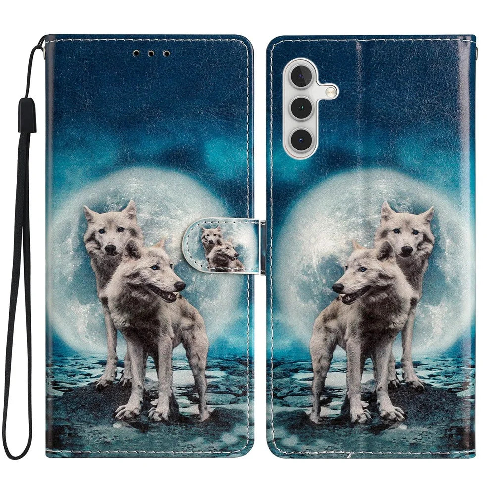 For Samsung Galaxy A18 5G / A18 4G / A17 5G / A17 4G / A26 5G Wallet Case PU Leather Pattern Printing Stand Phone Cover with Strap - Two Wolves - 1