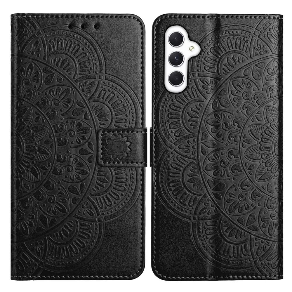For Samsung Galaxy A18 5G / A18 4G / A17 5G / A17 4G / A26 5G Leather Case with Card Slots Mandala Pattern Phone Cover Stand - Black - 1