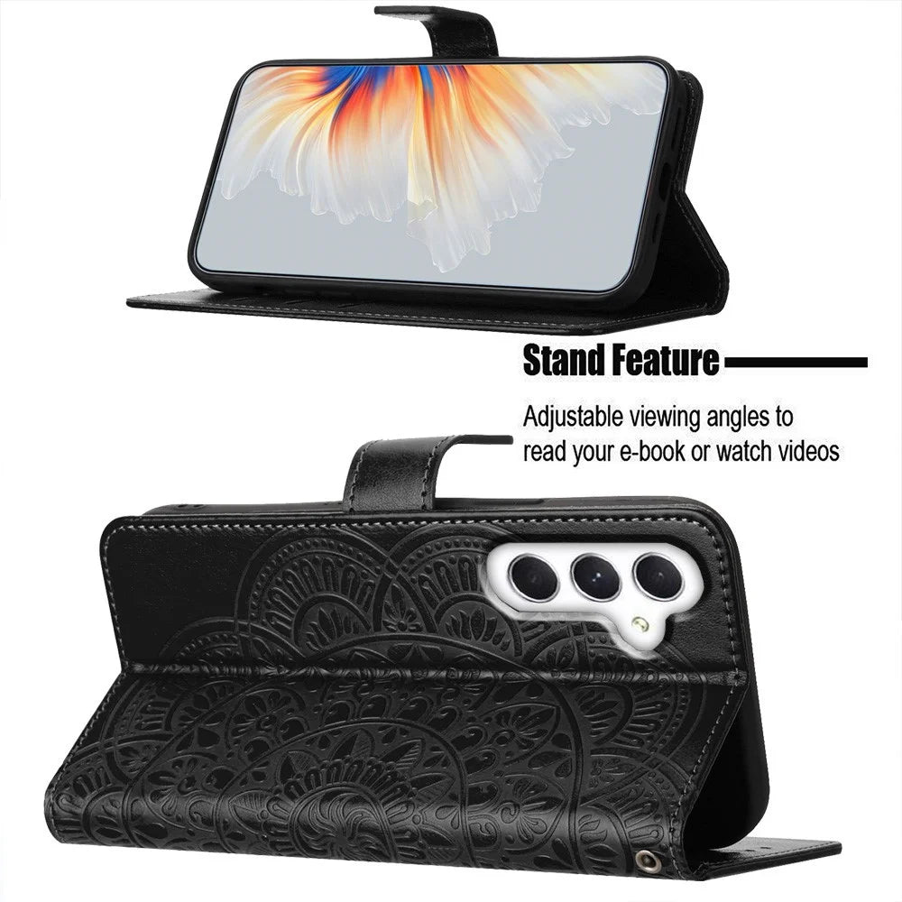 For Samsung Galaxy A18 5G / A18 4G / A17 5G / A17 4G / A26 5G Leather Case with Card Slots Mandala Pattern Phone Cover Stand - Black - 3