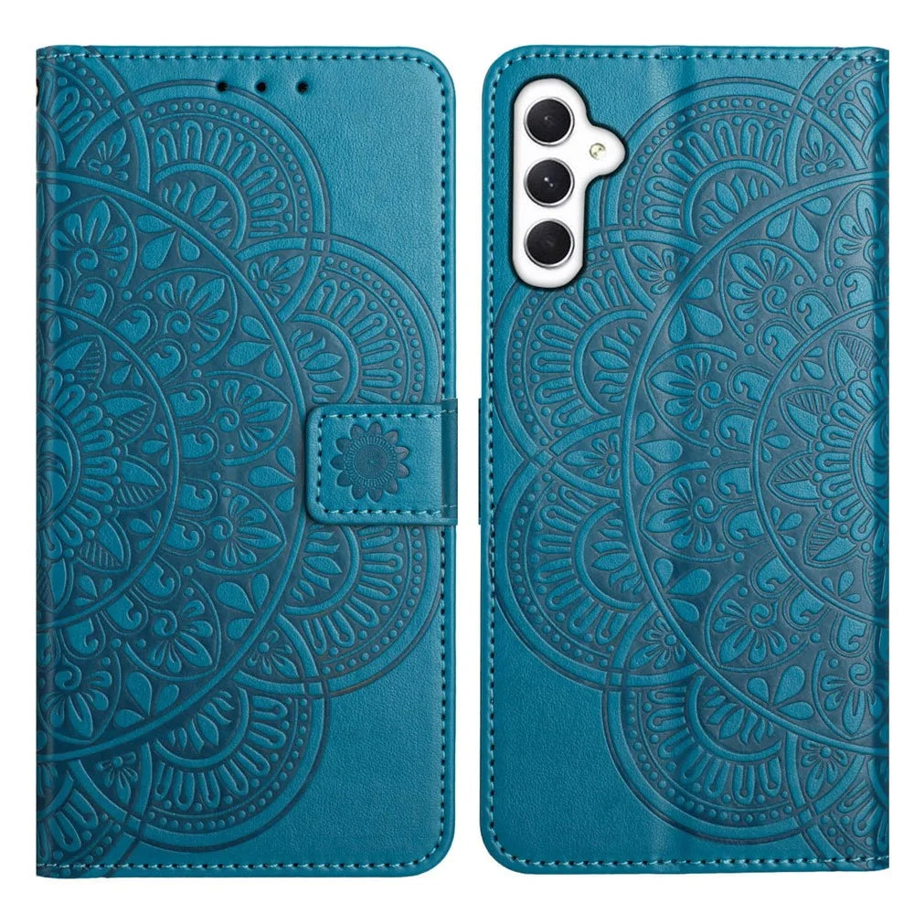 For Samsung Galaxy A56 5G Leather Case with Card Slots Mandala Pattern Phone Cover Stand - Blue - 1