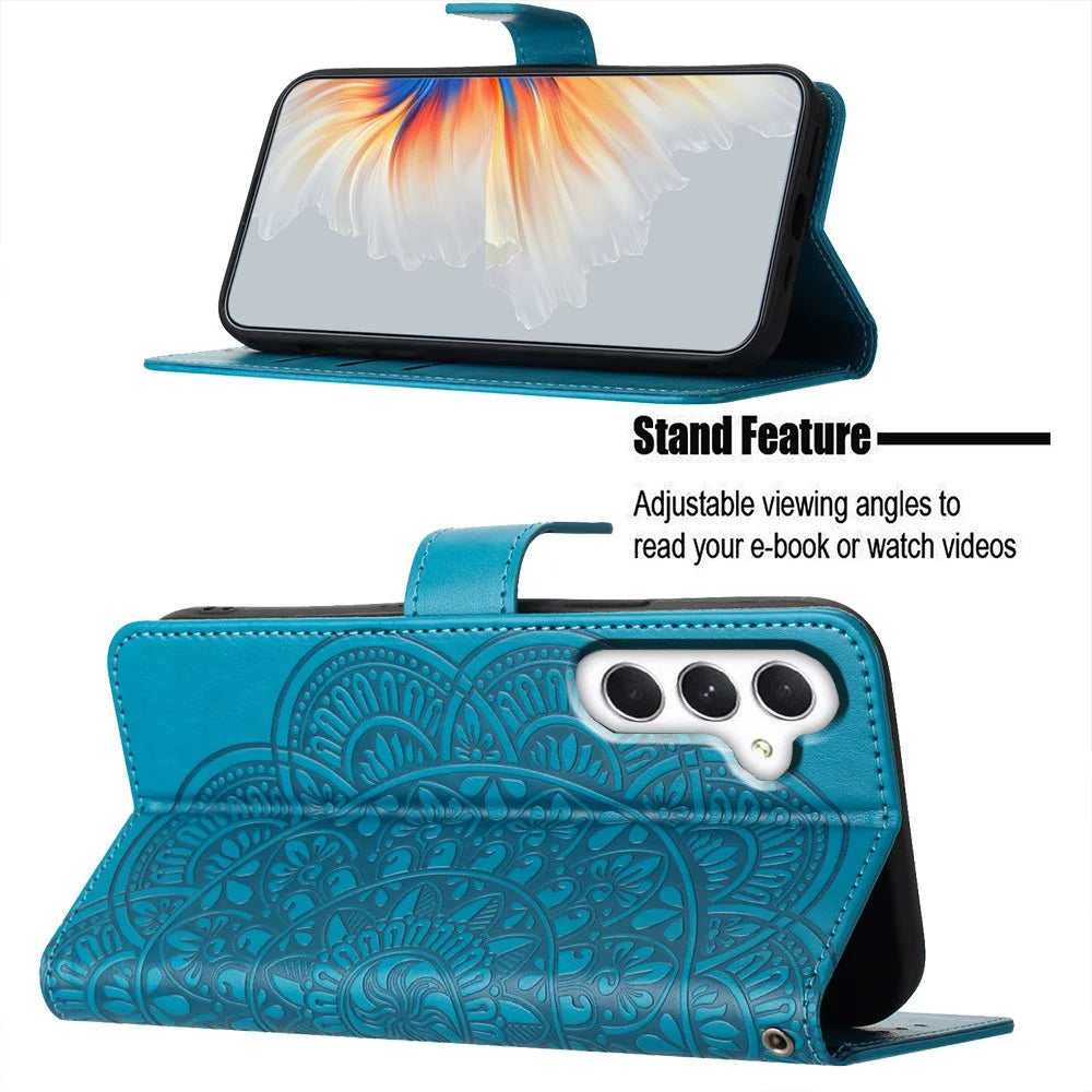 For Samsung Galaxy A56 5G Leather Case with Card Slots Mandala Pattern Phone Cover Stand - Blue - 3