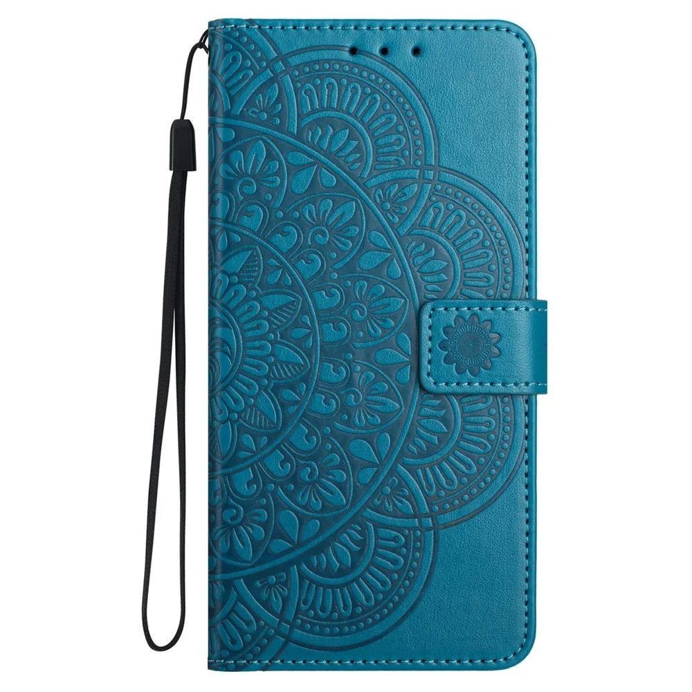 For Samsung Galaxy A56 5G Leather Case with Card Slots Mandala Pattern Phone Cover Stand - Blue - 6