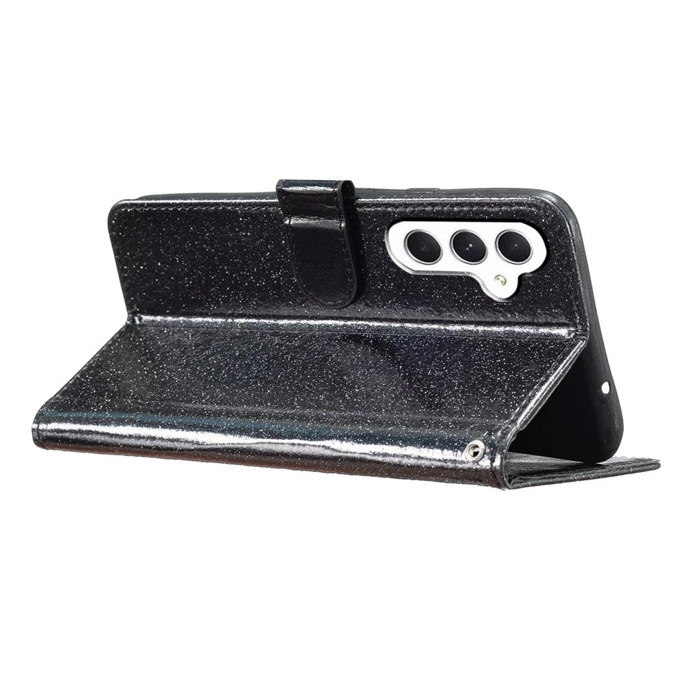For Samsung Galaxy A18 5G / A18 4G / A17 5G / A17 4G / A26 5G Wallet Case Glitter Anti-Scratch Leather Phone Cover Stand - Black - 3