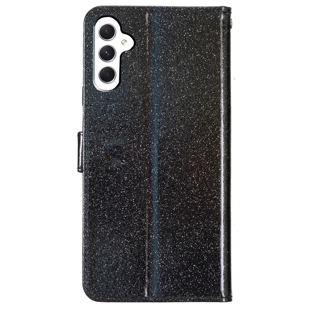 For Samsung Galaxy A18 5G / A18 4G / A17 5G / A17 4G / A26 5G Wallet Case Glitter Anti-Scratch Leather Phone Cover Stand - Black - 6