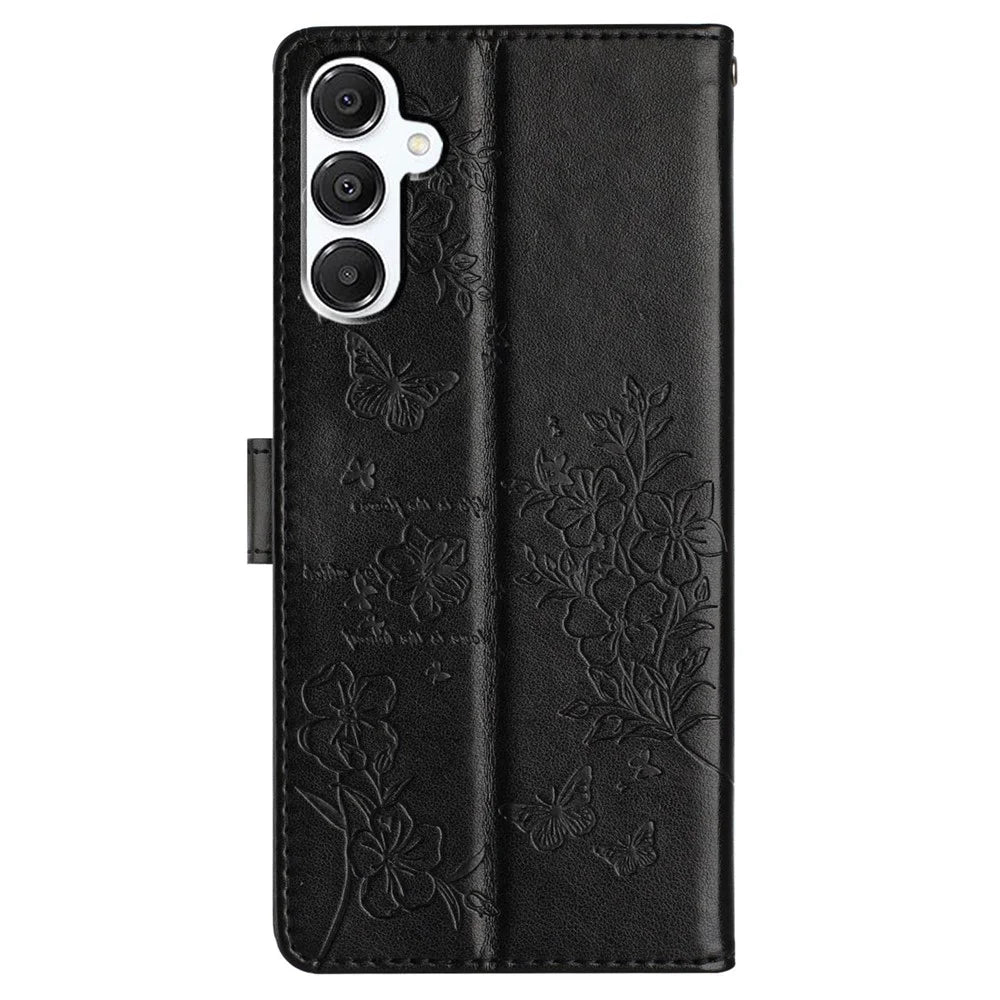 For Samsung Galaxy A18 5G / A18 4G / A17 5G / A17 4G / A26 5G Wallet Phone Case Butterfly Floral Imprint Leather Flip Cover - Black - 7