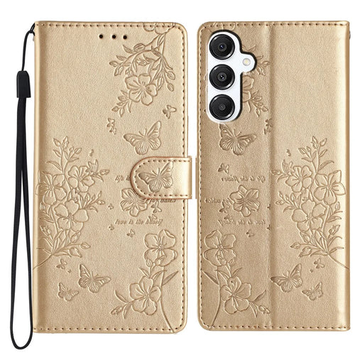 For Samsung Galaxy A56 5G Wallet Phone Case Butterfly Floral Imprint Leather Flip Cover - Gold - 1