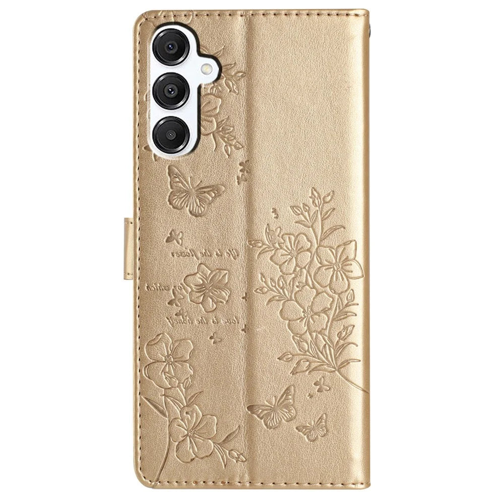 For Samsung Galaxy A56 5G Wallet Phone Case Butterfly Floral Imprint Leather Flip Cover - Gold - 7