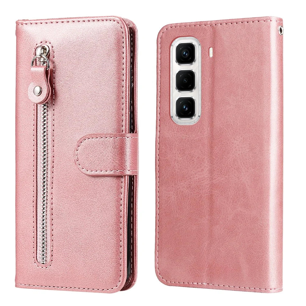 For Infinix Hot 50 Pro+ 4G Case Zipper Wallet Calf Texture PU Leather Phone Cover - Pink - 1