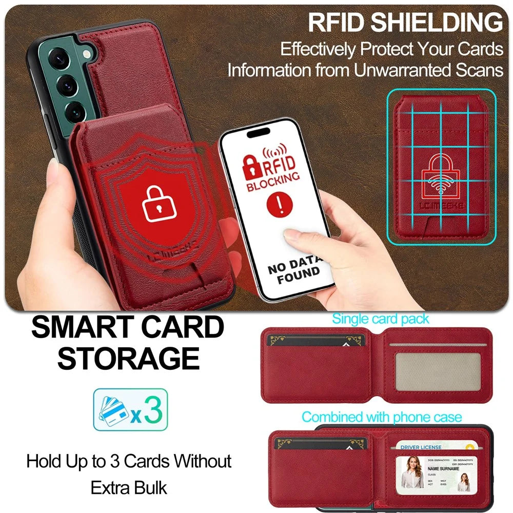 LC.IMEEKE L3 For Samsung Galaxy S21 FE 5G Magnetic Case Detachable Card Holder Leather TPU Mobile Cover - Red - 6