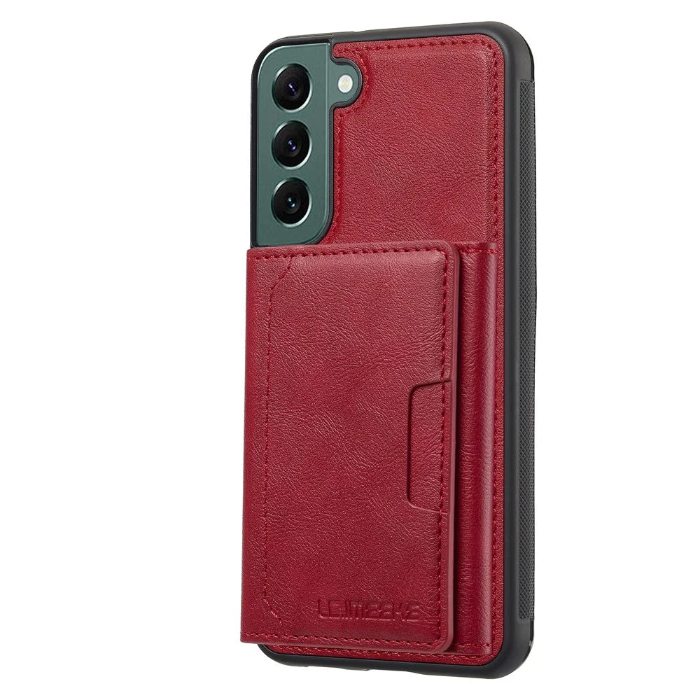LC.IMEEKE L5 For Samsung	Galaxy S21 FE 5G Magnetic Phone Case Leather Back Cover with Detachable Card Holder - Red - 2