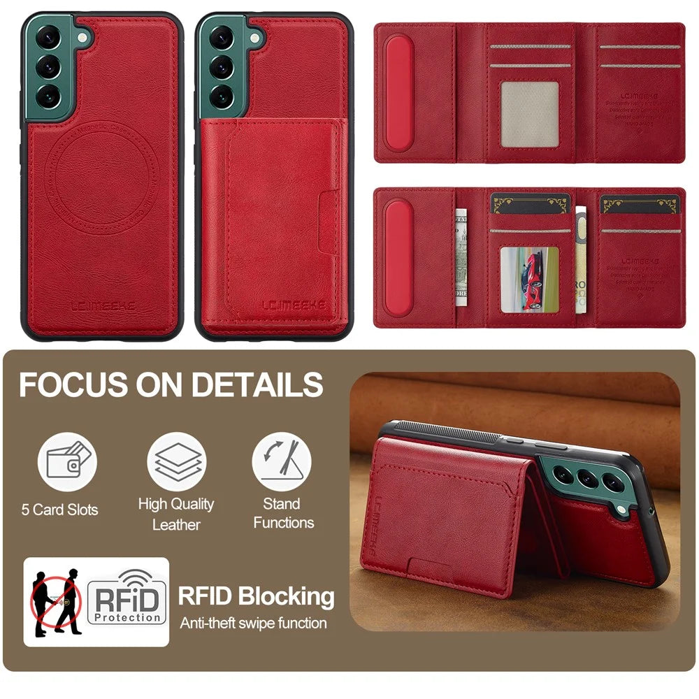 LC.IMEEKE L5 For Samsung	Galaxy S21 FE 5G Magnetic Phone Case Leather Back Cover with Detachable Card Holder - Red - 3