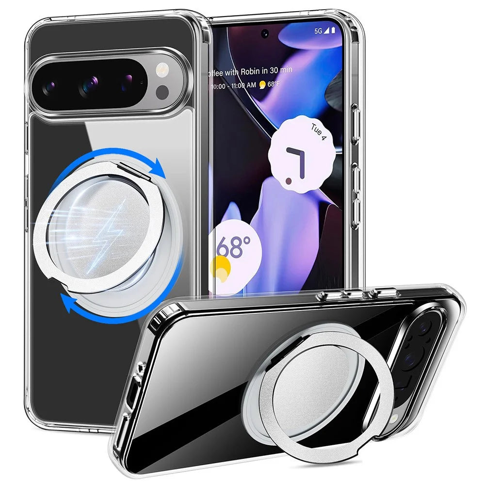 For Google Pixel 9 Pro XL Magnetic Case Rotary Kickstand TPU PC Clear Phone Back Cover - 1