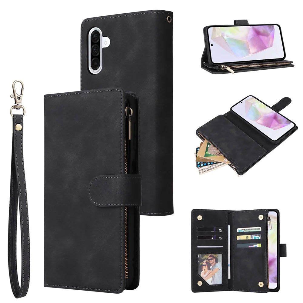 For Samsung Galaxy A26 5G Case Zipper Wallet Multiple Card Slots Leather Phone Cover - Black - 1