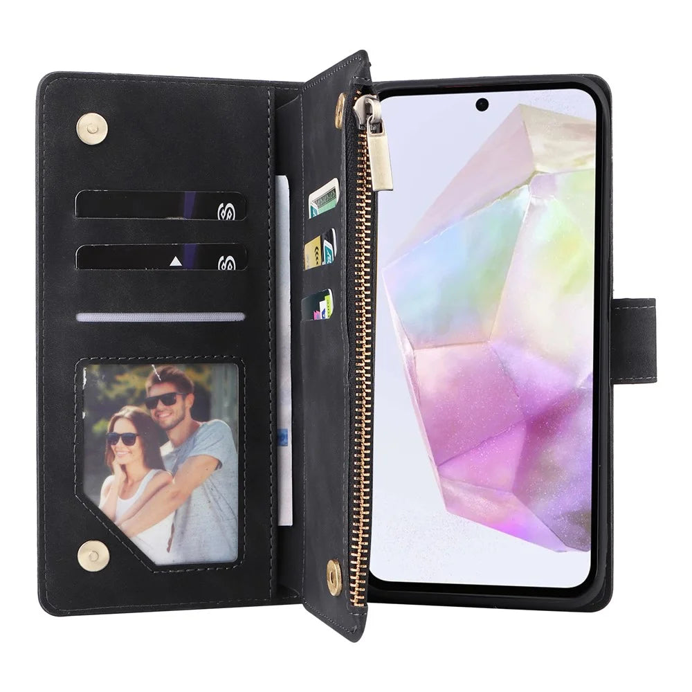 For Samsung Galaxy A26 5G Case Zipper Wallet Multiple Card Slots Leather Phone Cover - Black - 3