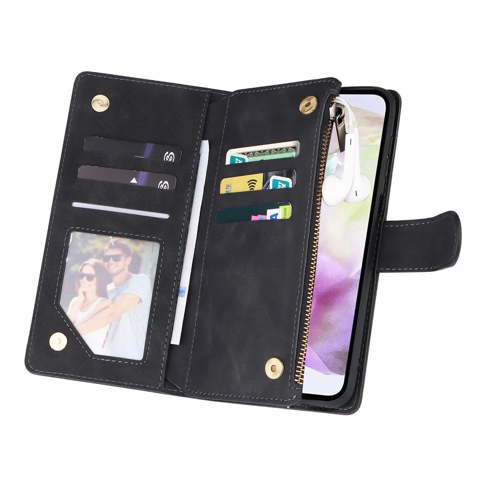 For Samsung Galaxy A26 5G Case Zipper Wallet Multiple Card Slots Leather Phone Cover - Black - 4