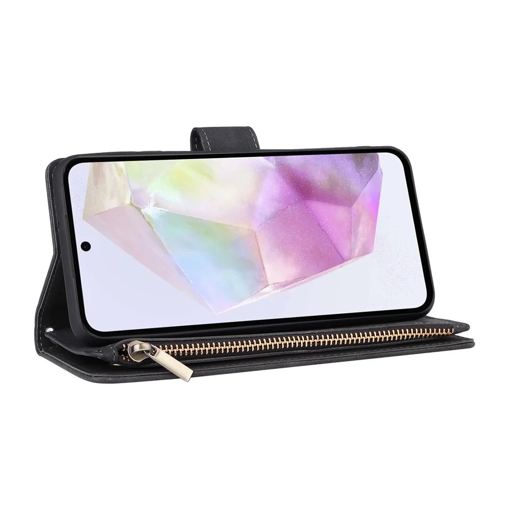 For Samsung Galaxy A26 5G Case Zipper Wallet Multiple Card Slots Leather Phone Cover - Black - 5