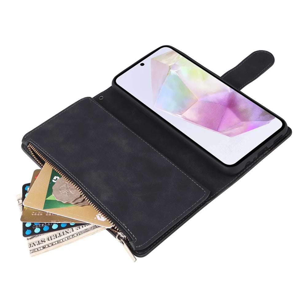 For Samsung Galaxy A26 5G Case Zipper Wallet Multiple Card Slots Leather Phone Cover - Black - 6