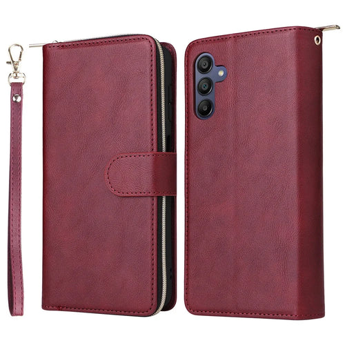 For Samsung Galaxy A26 5G Case Zipper Pocket PU Leather Phone Cover with Hand Strap - Wine Red - 1