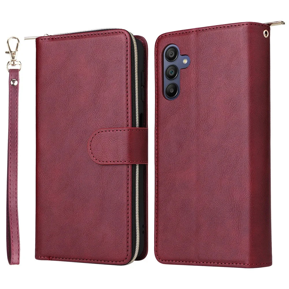 For Samsung Galaxy A26 5G Case Zipper Pocket PU Leather Phone Cover with Hand Strap - Wine Red - 1
