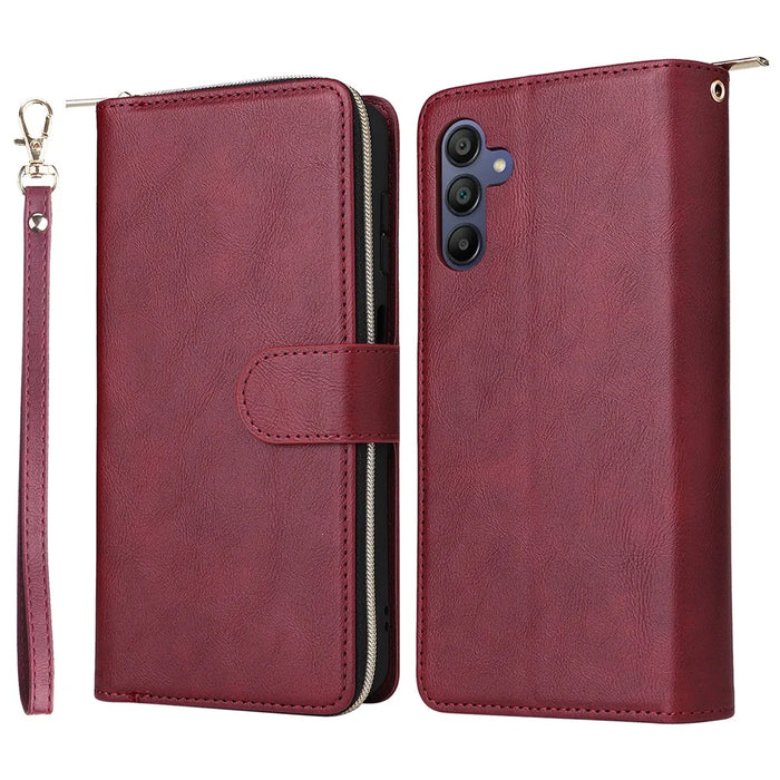 For Samsung Galaxy A26 5G Case Zipper Pocket PU Leather Phone Cover with Hand Strap - Wine Red - 1