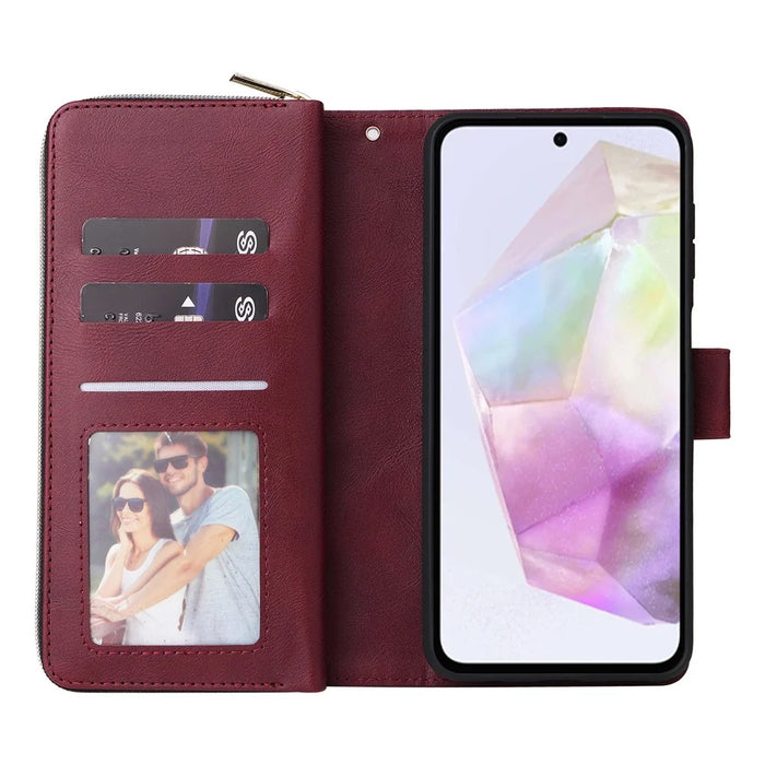 For Samsung Galaxy A26 5G Case Zipper Pocket PU Leather Phone Cover with Hand Strap - Wine Red - 2
