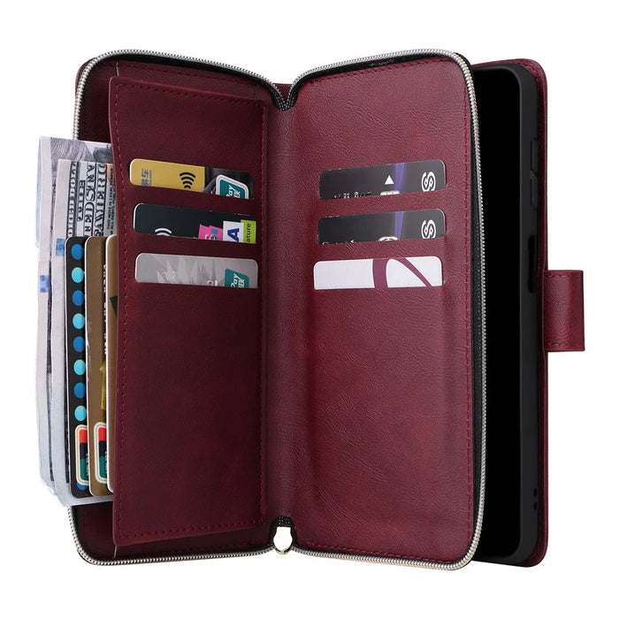 For Samsung Galaxy A26 5G Case Zipper Pocket PU Leather Phone Cover with Hand Strap - Wine Red - 3