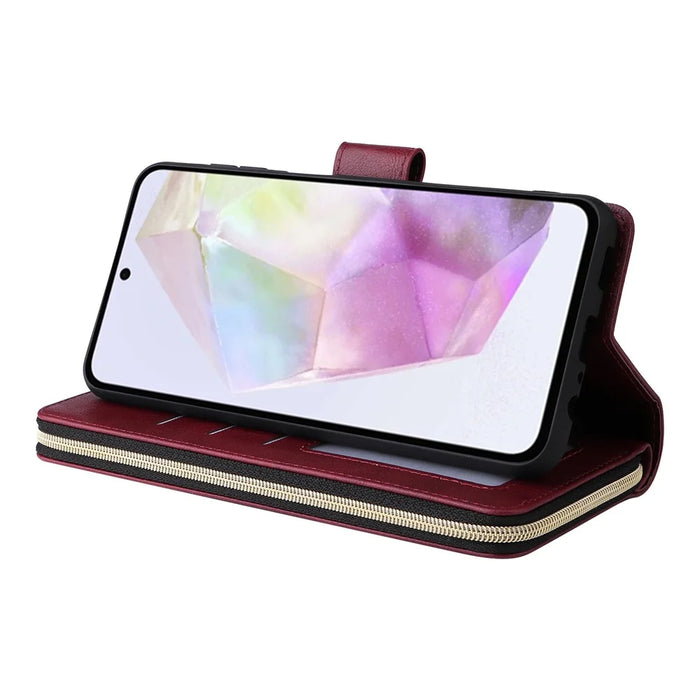 For Samsung Galaxy A26 5G Case Zipper Pocket PU Leather Phone Cover with Hand Strap - Wine Red - 4