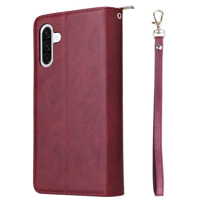 For Samsung Galaxy A26 5G Case Zipper Pocket PU Leather Phone Cover with Hand Strap - Wine Red - 7