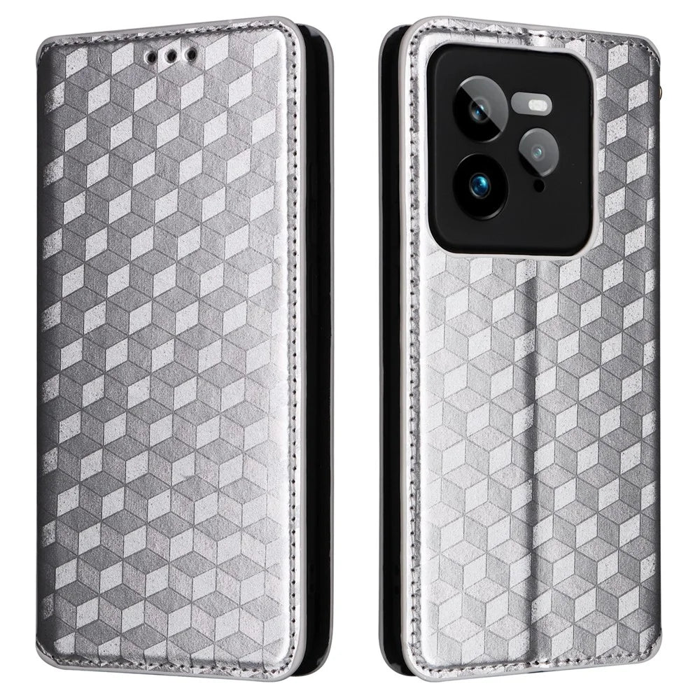 For Realme GT 7 Pro 5G Wallet Case Rhombus Imprinted Leather Phone Cover - Silver - 1