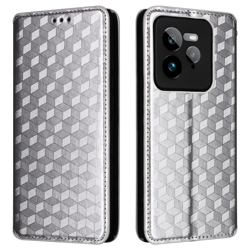 For Realme GT 7 Pro 5G Wallet Case Rhombus Imprinted Leather Phone Cover - Silver - 1