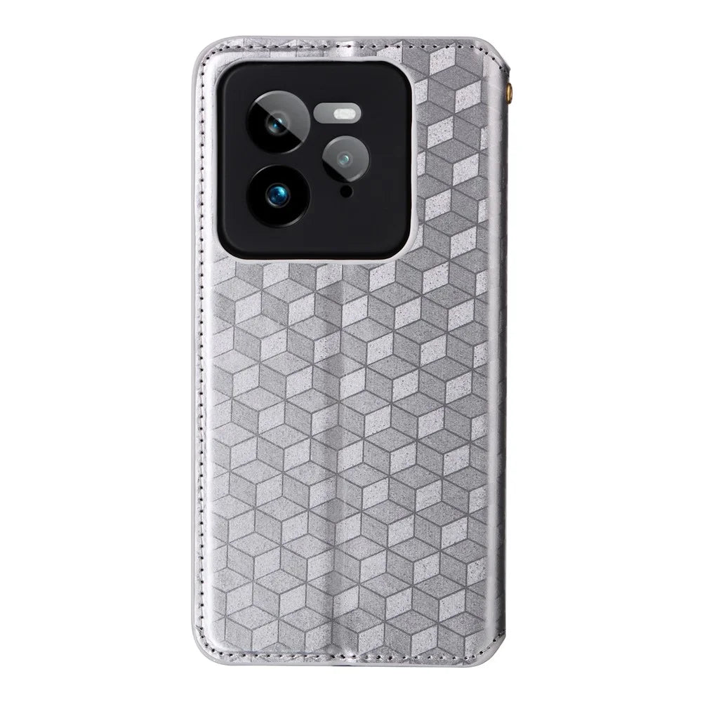 For Realme GT 7 Pro 5G Wallet Case Rhombus Imprinted Leather Phone Cover - Silver - 7