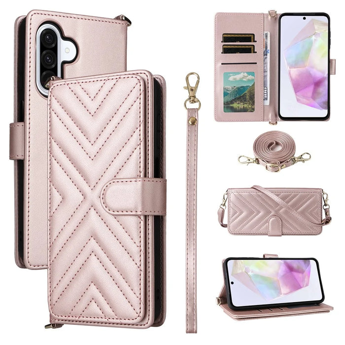For Samsung Galaxy A26 5G Wallet Case with Shoulder / Wrist Strap Leather Phone Cover Stand - Pink - 1