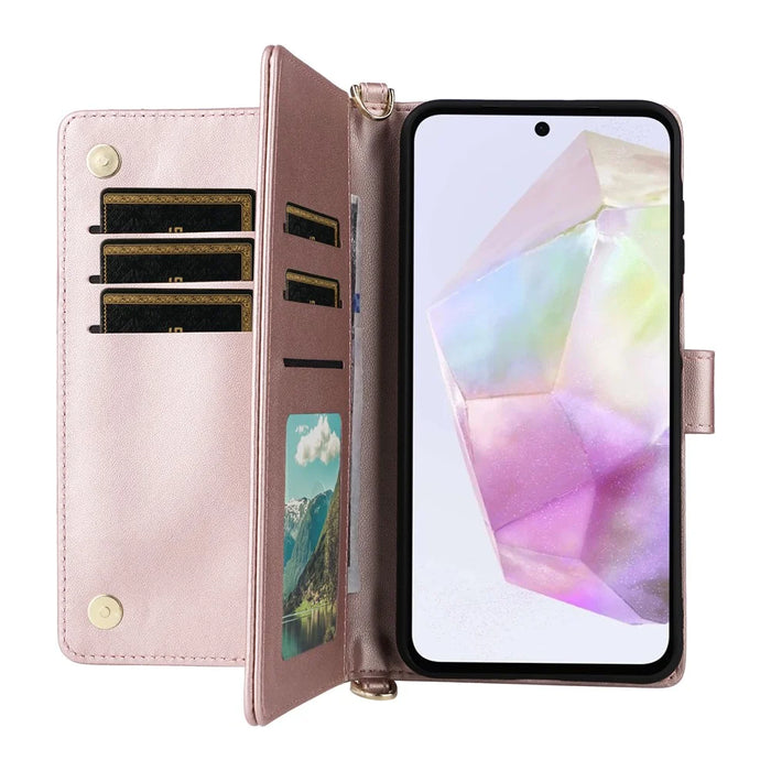 For Samsung Galaxy A26 5G Wallet Case with Shoulder / Wrist Strap Leather Phone Cover Stand - Pink - 2