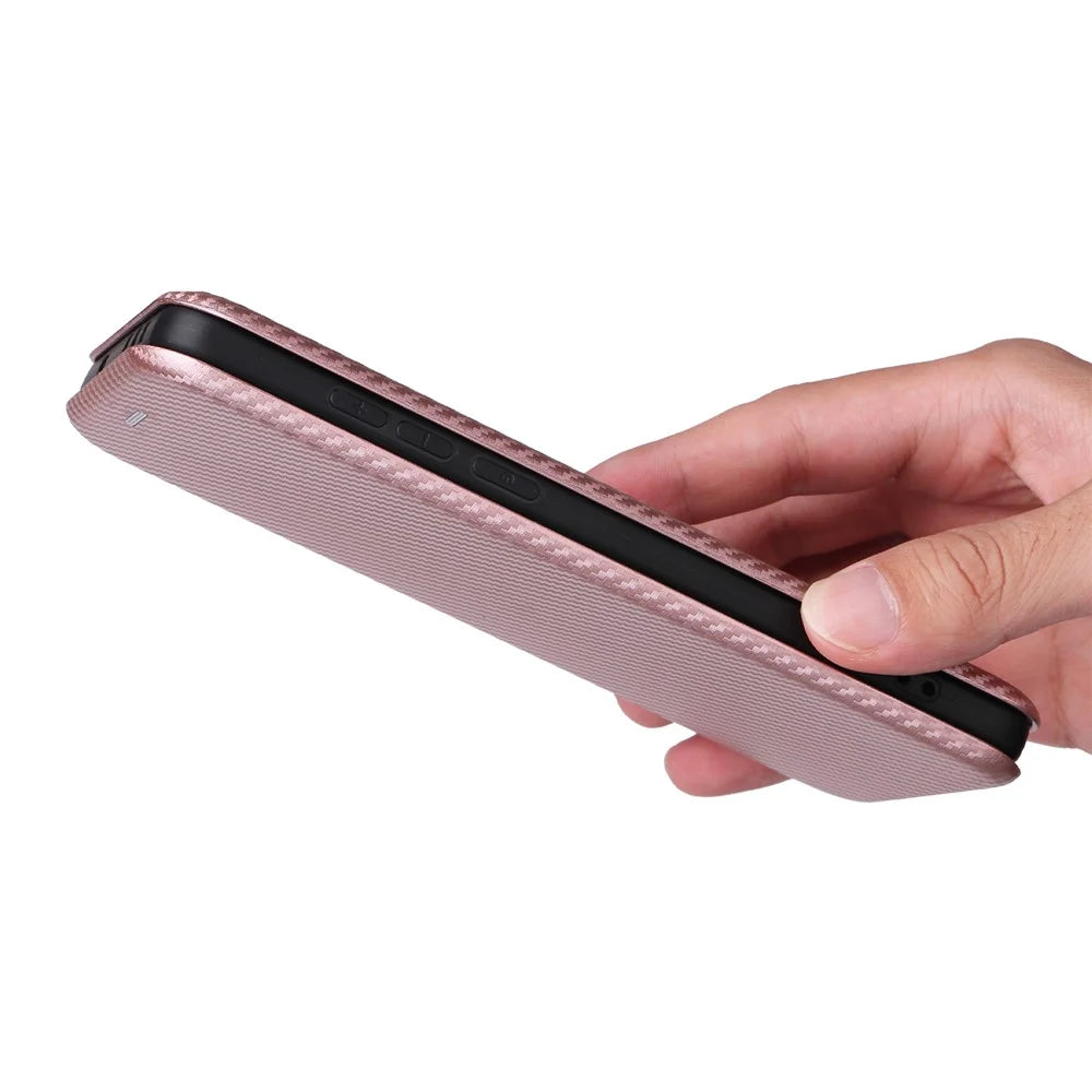 For OnePlus 13 Case Carbon Fiber Texture Drop-Proof PU Leather Phone Cover - Rose Gold - 6