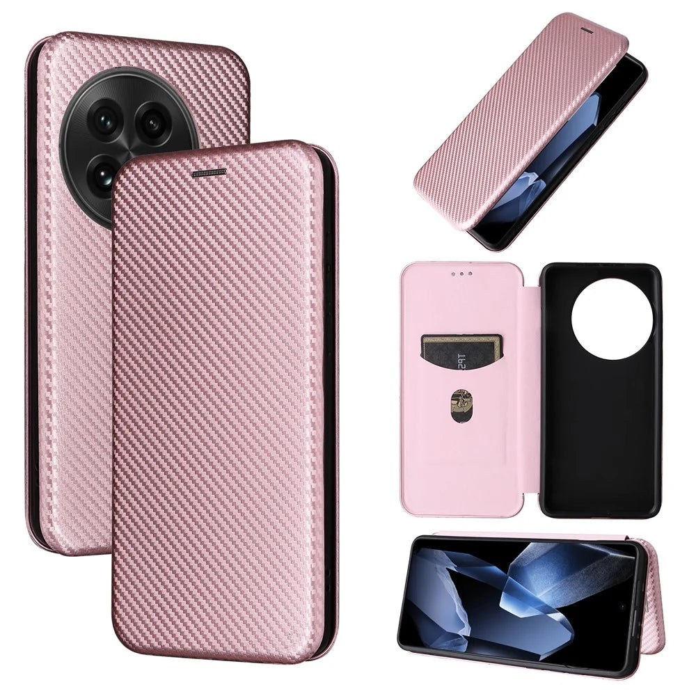 For OnePlus 13 Case Carbon Fiber Texture Drop-Proof PU Leather Phone Cover - Rose Gold - 7