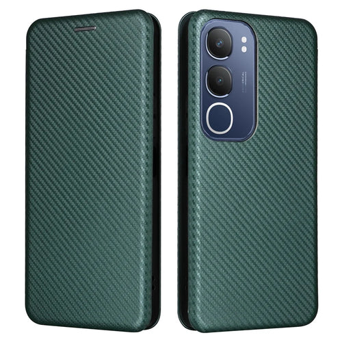 For vivo Y19s 4G Case Carbon Fiber Texture Drop-Proof PU Leather Phone Cover - Green - 1