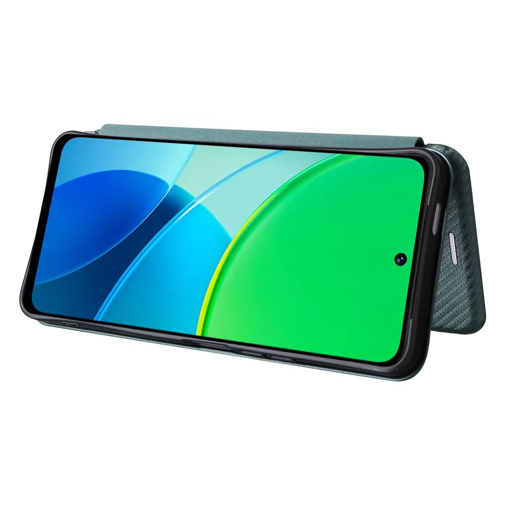 For vivo Y19s 4G Case Carbon Fiber Texture Drop-Proof PU Leather Phone Cover - Green - 3