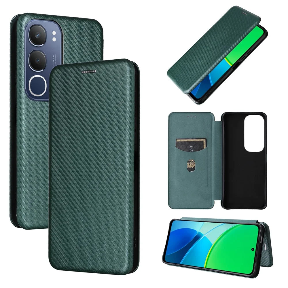 For vivo Y19s 4G Case Carbon Fiber Texture Drop-Proof PU Leather Phone Cover - Green - 7