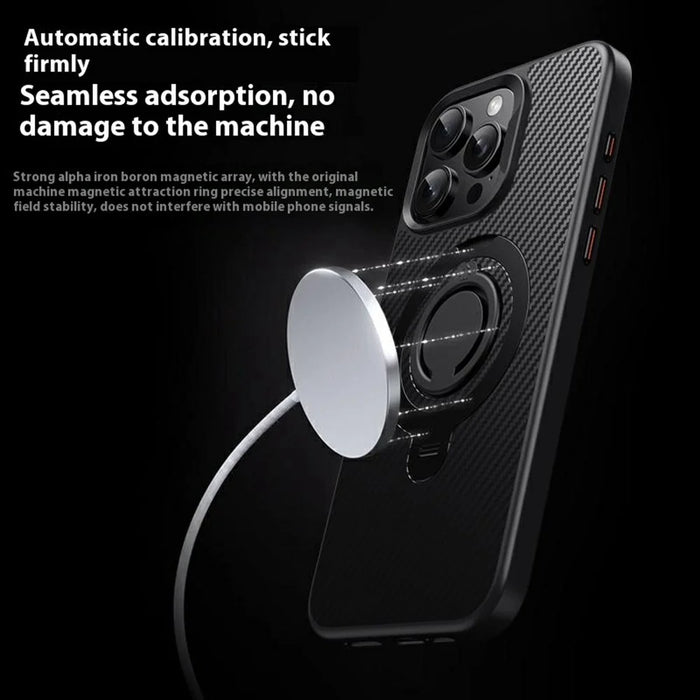 For iPhone 13 Pro Max Case Compatible with MagSafe Kickstand Carbon Fiber Texture PC + TPU Back Cover with Silicone Ring - Black - 4