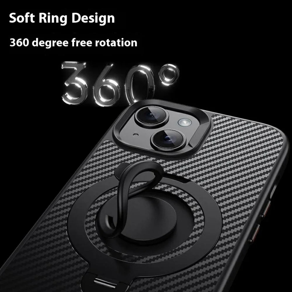 For iPhone 14 Case Compatible with MagSafe Kickstand Carbon Fiber Texture PC + TPU Back Cover with Silicone Ring - Black - 2