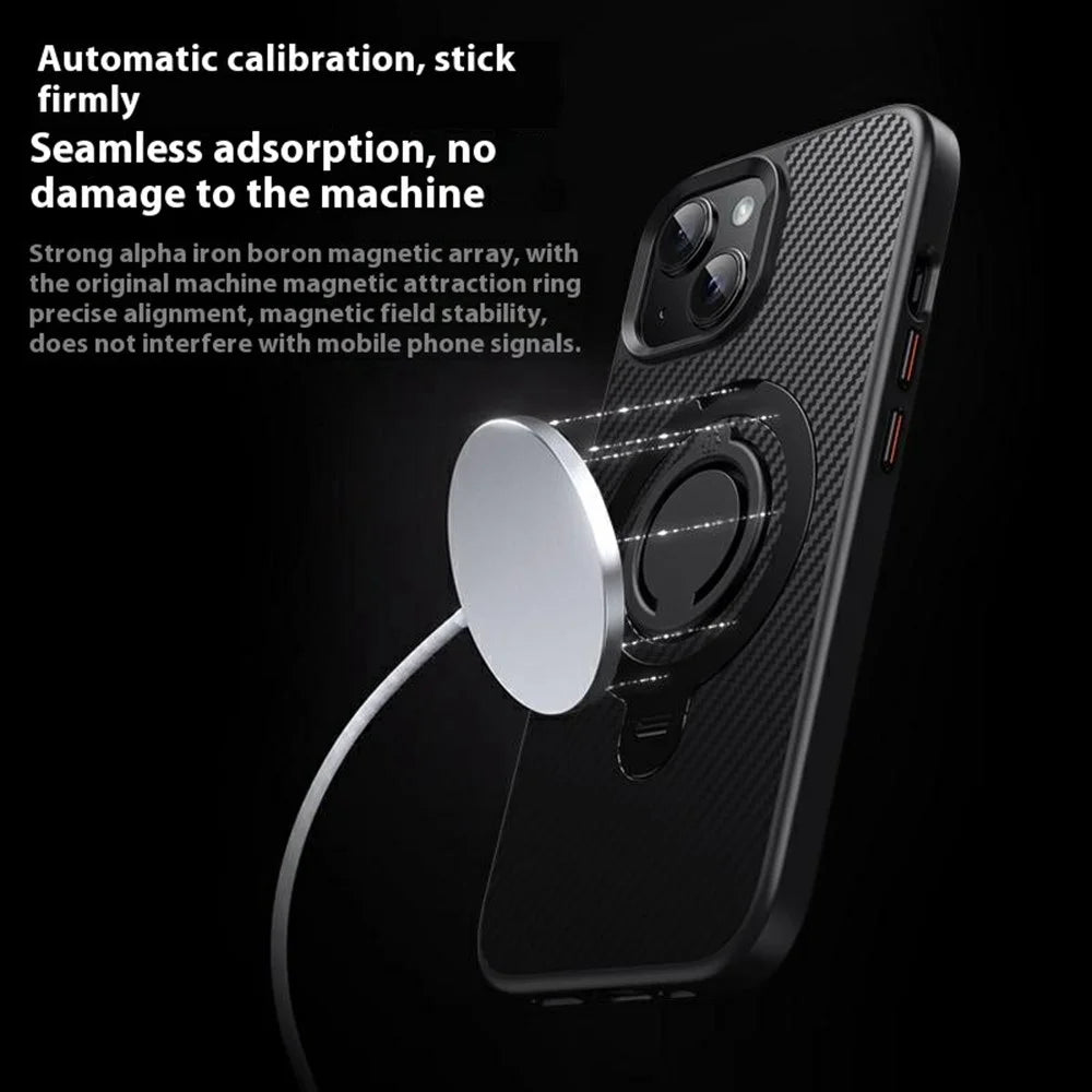For iPhone 14 Case Compatible with MagSafe Kickstand Carbon Fiber Texture PC + TPU Back Cover with Silicone Ring - Black - 4